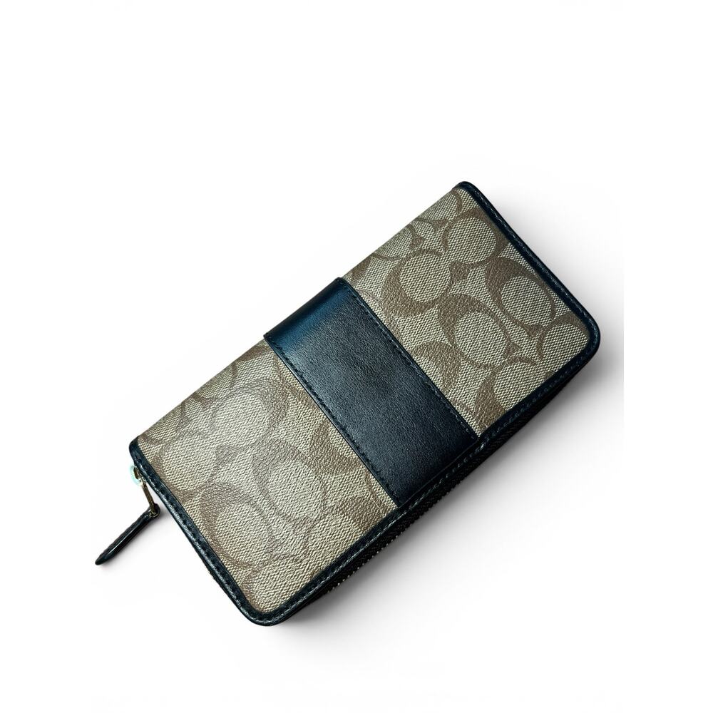 COACH Signature Canvas Accordion Zip Around Wallet F54630 Khaki Black - Picture 8 of 13